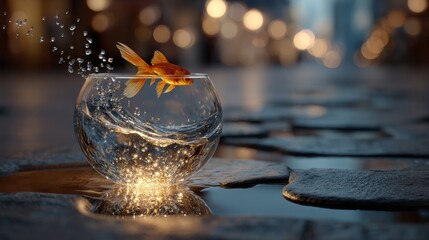 A goldfish jumping from a broken glass bowl into a puddle on a busy sidewalk. Concept of freedom in unexpected places.