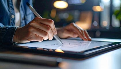 Closeup of hand using digital pen stylus to draw creative digital art on touchscreen tablet, focused and inspired in modern workspace