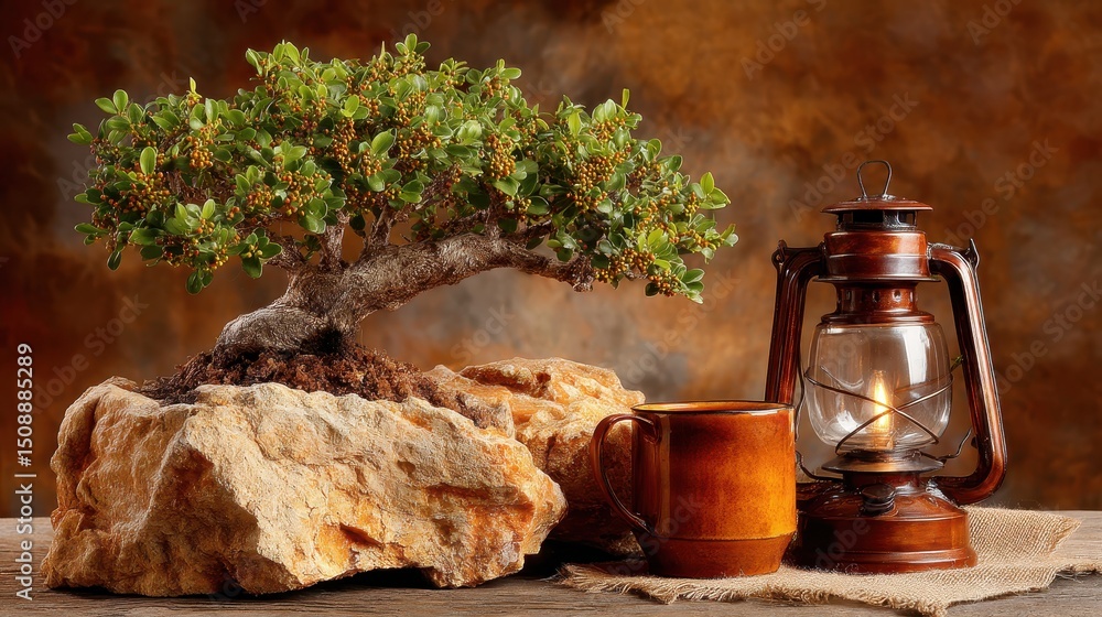 Poster charming bonsai tree with a lantern and rock creating a captivating scene highlighting nature's beau