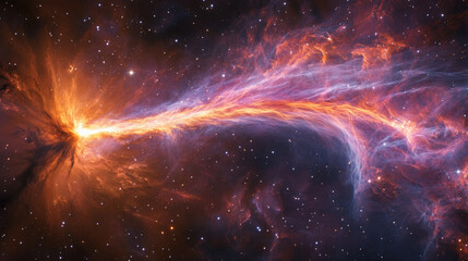 Fototapeta premium Vibrant Supernova Remnant in Space. A vibrant image of a supernova remnant showcasing cosmic dust and gas illuminated by intense radiation in deep space, filled with stars.