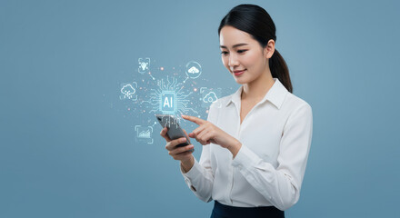 AI-Powered Connectivity: An Asian Woman in Her 20s Taps into Artificial Intelligence Solutions on Her Smartphone, Surrounded by Data Cloud and IoT Network Icons