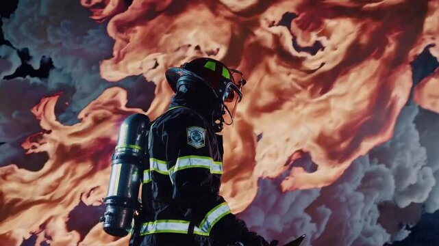 Brave Responder Against the Blaze: A dedicated firefighter fearlessly confronts an intense fire, displaying unwavering courage and commitment to protect the community.