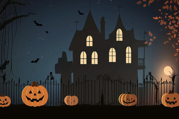 A haunted house with jack-o-lanterns in a spooky forest
