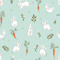Cute Little White Rabbits Vector Seamless Pattern