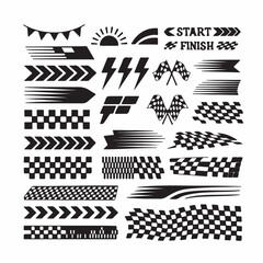 racing stripe vector set, racing flags, checkered patterns, speed lines, arrows, and start finish banners illustration, race element for motorsport designs, race graphics, vector art, and automotive