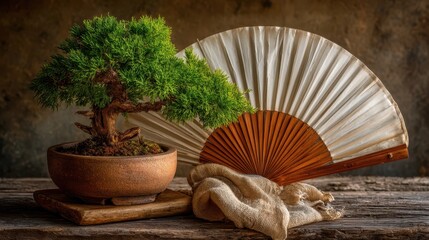 Unique bonsai tree in a pot with a cultural paper fan background adding artistic flair and traditional aesthetic