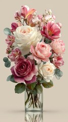 Colorful bouquet of various roses and blossoms displayed in a clear glass vase against a neutral backdrop