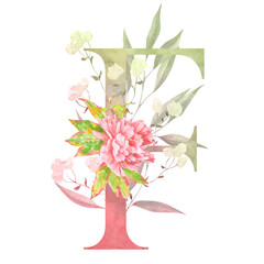 F – Letter F monogram designed with gentle watercolor peonies and leaf elements. A refined choice for event decor or custom art prints.