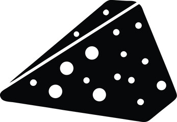 Single black cheese wedge featuring numerous round holes is visually presented on a transparent backdrop