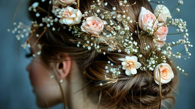 Elegant woman profile with floral crown, flowers, bridal hair style for wedding concept.