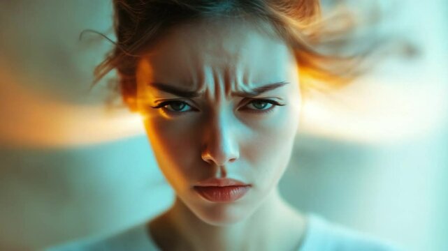 Unveiling Inner Turmoil: A captivating close-up portrait of a young woman, her expression etched with a furrowed brow and intense gaze.