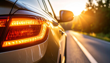 Amber turn signal light on modern car closeup, illuminated at sunset on rural road, showing light diffusion and reflective surface, evoking warm, safe feeling