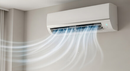 air conditioning unit mounted on wall with glowing airflow visualization effects showing cooling technology