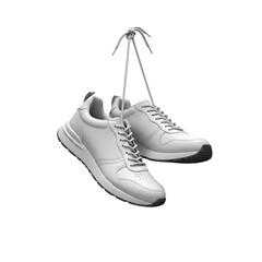 White sneakers hanging by laces isolated on transparent background