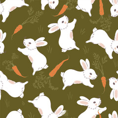 Jumping White Rabbits with Carrots Vector Seamless Pattern