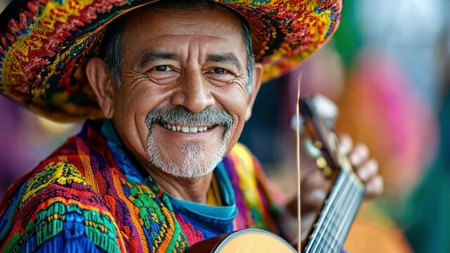 Smiling mature Mexican man with guitar, sombrero, and colorful poncho celebrates tradition.