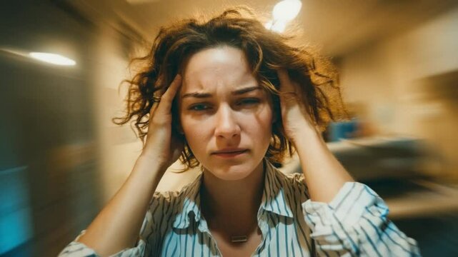 Overwhelmed Woman: A woman with curly hair holds her head in her hands, eyes conveying stress and anxiety, in a dimly lit indoor setting. The image depicts feelings of pressure and mental strain. 