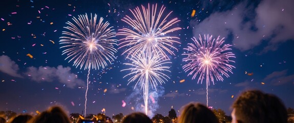 Festive Fireworks Display at Night Sky with Crowds, Confetti, and Mobile Phones.