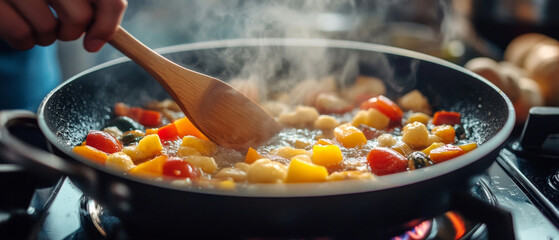 Cooking vegetable stew in a pot. Cooking blogs and kitchenware ads.