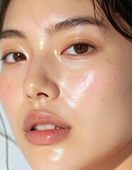 Fototapeta premium 日本人, 超リアル, 美しい, 若い女性, 顔, クローズアップ, 欠点のない肌, 輝く肌質, ナチュラルメイク, 柔らかなライティング, 美容CM風, シネマティック, カメラ目線, 高解像度,Japanese, ultra-realistic, beautiful, young woman, face, close-up, flawless skin, glowing complexion