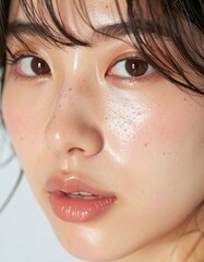 Fototapeta premium 日本人, 超リアル, 美しい, 若い女性, 顔, クローズアップ, 欠点のない肌, 輝く肌質, ナチュラルメイク, 柔らかなライティング, 美容CM風, シネマティック, カメラ目線, 高解像度,Japanese, ultra-realistic, beautiful, young woman, face, close-up, flawless skin, glowing complexion