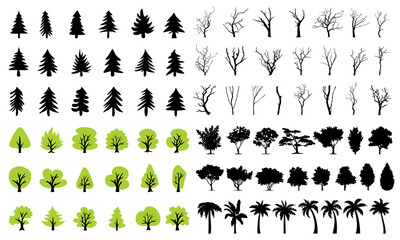 Trees silhouette big collection. pine trees, branches trees, green trees icon and silhouette palm trees symbol. Hand drawn illustration vector.