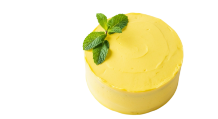 Yellow Cake Sits on Transparent Background and is Topped with Mint Leaves Nicely