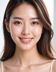 Fototapeta premium 日本人, 超リアル, 美しい, 若い女性, 顔, クローズアップ, 欠点のない肌, 輝く肌質, ナチュラルメイク, 柔らかなライティング, 美容CM風, シネマティック, カメラ目線, 高解像度,Japanese, ultra-realistic, beautiful, young woman, face, close-up, flawless skin, glowing complexion