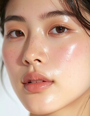 Fototapeta premium 日本人, 超リアル, 美しい, 若い女性, 顔, クローズアップ, 欠点のない肌, 輝く肌質, ナチュラルメイク, 柔らかなライティング, 美容CM風, シネマティック, カメラ目線, 高解像度,Japanese, ultra-realistic, beautiful, young woman, face, close-up, flawless skin, glowing complexion