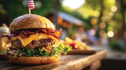Delicious patriotic hamburger with condiments on the picnic table outdoors, ready for USA 4th July Independence day celebration	