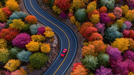 Arial view of a red car driving on a winding road with colorful autumn trees. Vibrant fall foliage on a mountain road for travel.