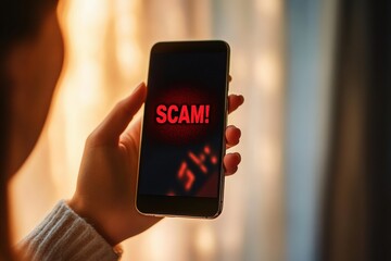 Alerting about scams using smartphone in a dimly lit room during evening hours