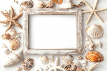 Unique coastal decor created with assorted shells and corals on a sandy background inviting ocean vibes