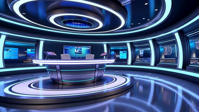 Futuristic Digital Newsroom Studio with High-Tech Lighting and Curved Screens in Sci-Fi Setting