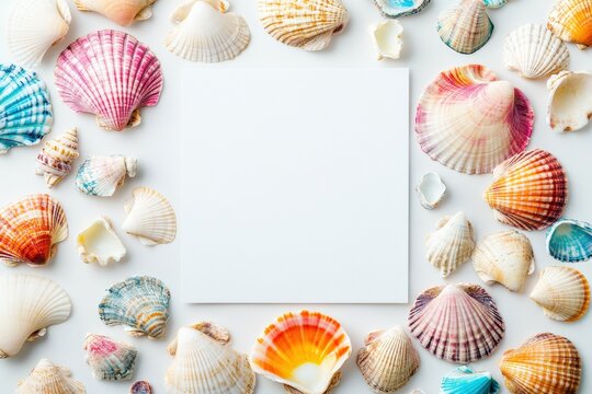 Beautiful collection of colorful seashells arranged around a blank canvas on a white background