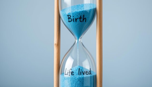 Hourglass with blue sand measuring life expectancy from birth to life lived