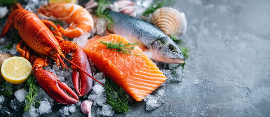 Fresh raw seafood platter on ice with lobster, salmon, shrimp, and fish with lemon and dill. Healthy ocean food concept.