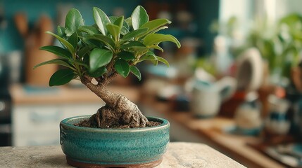 Elegant bonsai tree in a ceramic pot bathed in soft morning light with delicate leaves and peaceful ambiance