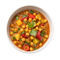 Chickpea curry on white bowl top view isolated on white background
