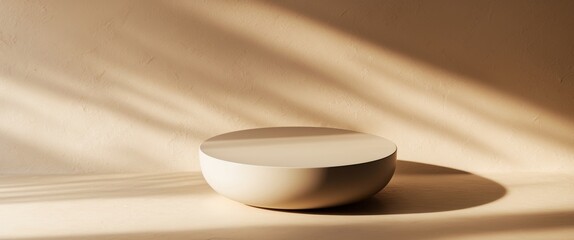 Minimalist beige product display podium, light and shadow create a serene backdrop.