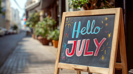 Chalkboard sign with Hello July message and colorful doodles on urban street background, great for seasonal promotions, summer sales, and holiday marketing