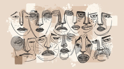 Abstract line art faces with diverse expressions and minimal background, perfect for creative design, mental health concepts, posters, and art decor