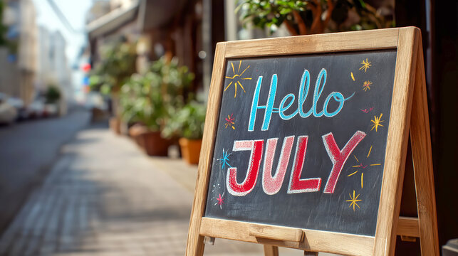 Chalkboard sign with Hello July message and colorful doodles on urban street background, great for seasonal promotions, summer sales, and holiday marketing