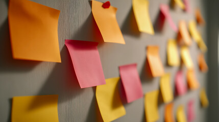 Colorful sticky notes on wall used in remote brainstorming session, ideal for teamwork, creative planning, collaboration and agile project management visuals