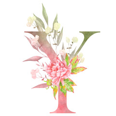 Y – Romantic Y monogram with pastel peony bouquet and foliage. Perfect for delicate wall art or invitation headers.