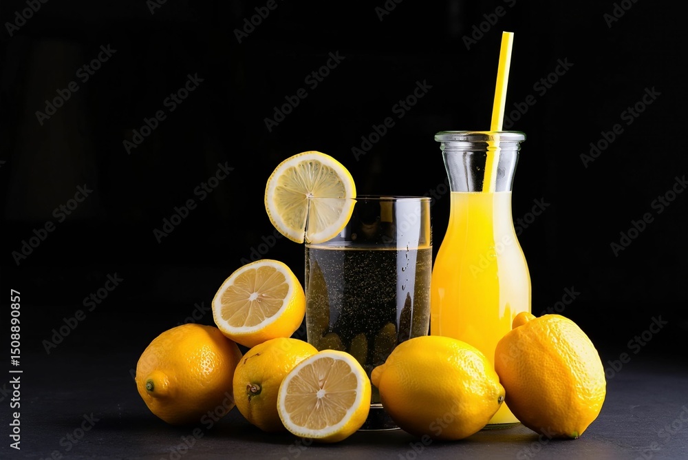 Poster a group of lemons and oranges on a table, next to two glasses filled with lemonade.