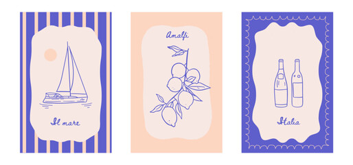 Italian summer vacation posters set in minimal ink hand drawn style. Vector Mediterranean coast sea vibe or beach printable placards. Sea weekend or rest drawings for cafe or restaurant decor