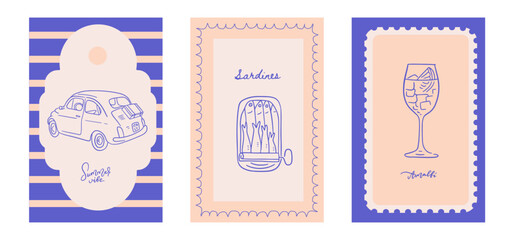 Vintage hand drawn Sicilia amalfi cards set with and Italian elements. Retro linear print, wall art, vector travel postcard stamp, summer emblem, placard or poster. Retro frame border element design.