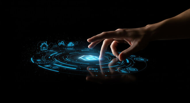 Smart Home Automation: Man interacting with a digital home interface to control smart systems, highlighting modern technology and seamless connectivity.
