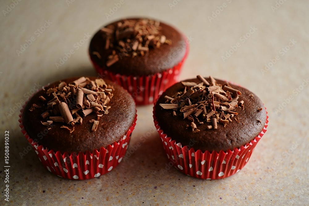 Poster three chocolate cupcakes with sprinkles on top, arranged in a row on a countertop.